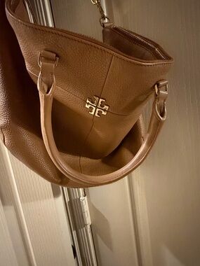 Tory Burch Tan Pebbled Leather Tote with Gold Logo